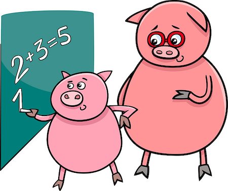 Cartoon Illustration of Funny Pig Animal Character on Math Lesson at Blackboard Stock Photo - Budget Royalty-Free & Subscription, Code: 400-07989331