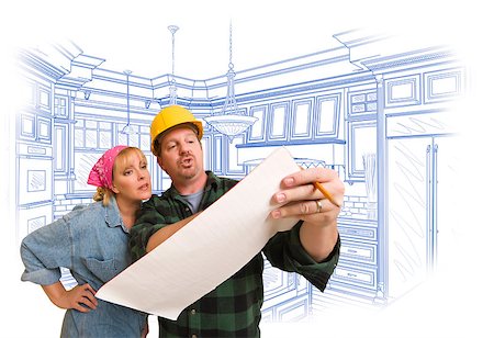 discussing kitchen design - Male Contractor in Hard Hat Discussing Plans with Woman, Kitchen Drawing Behind. Stock Photo - Budget Royalty-Free & Subscription, Code: 400-07989362