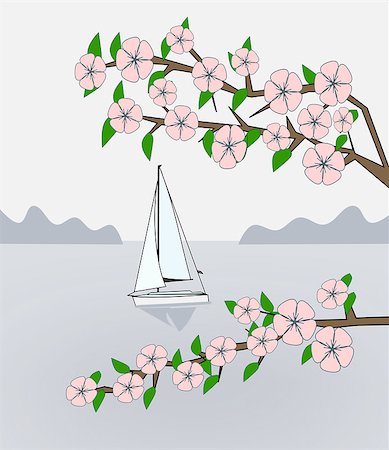 simsearch:400-07975760,k - Flowering branches against a calm sea where a boat is sailing. Fotografie stock - Microstock e Abbonamento, Codice: 400-07980630