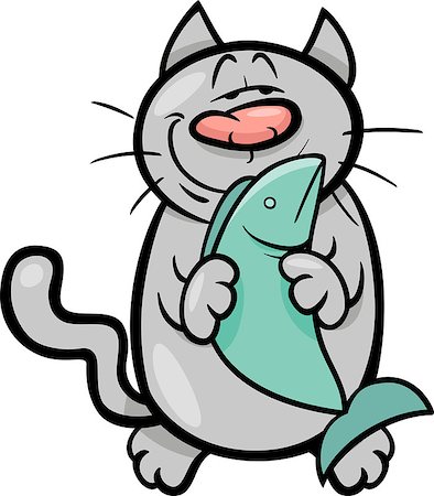 Cartoon Illustration of Happy Cat with Fish Stock Photo - Budget Royalty-Free & Subscription, Code: 400-07980731