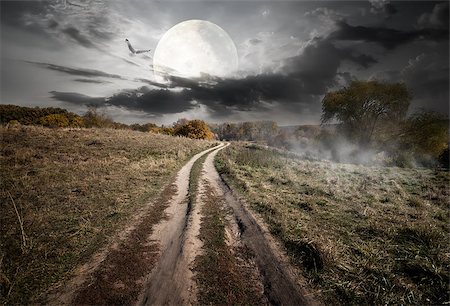 simsearch:400-07932789,k - Country road under round moon at the night. Elements of this image furnished by NASA Stock Photo - Budget Royalty-Free & Subscription, Code: 400-07981295
