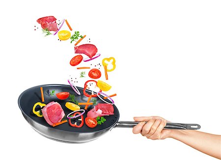 person chopping carrots - meat and mix vegetables fall into frying pan on a white background Stock Photo - Budget Royalty-Free & Subscription, Code: 400-07981401