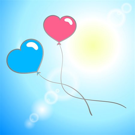 Pink, blue balloons and sun on the sky background. Vector illustration Stock Photo - Budget Royalty-Free & Subscription, Code: 400-07981485