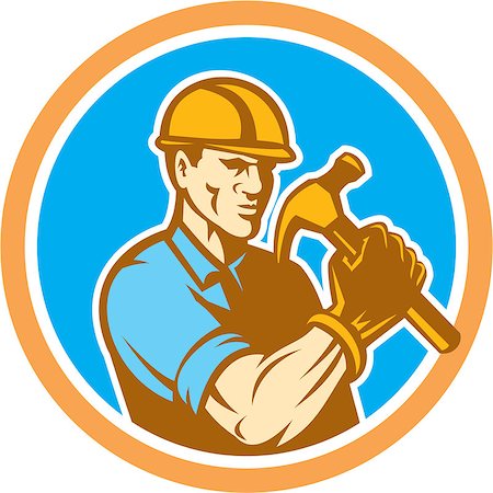simsearch:400-07747598,k - Illustration of a builder construction worker holding hammer set inside circle on isolated background done in retro style. Photographie de stock - Aubaine LD & Abonnement, Code: 400-07981517