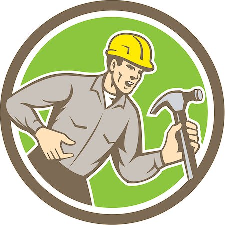 simsearch:400-07747598,k - Illustration of a builder construction worker holding hammer shouting yelling set inside circle on isolated background done in retro style. Photographie de stock - Aubaine LD & Abonnement, Code: 400-07981520