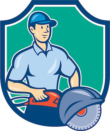 simsearch:400-06737646,k - Illustration of a construction worker with concrete saw concsaw set inside shield crest on isolated background done in cartoon style. Foto de stock - Super Valor sin royalties y Suscripción, Código: 400-07981558
