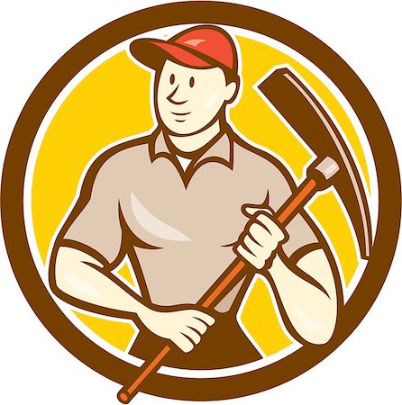 simsearch:400-07747598,k - Illustration of a construction worker wearing hat holding pickaxe set inside circle on isolated background done in cartoon style. Photographie de stock - Aubaine LD & Abonnement, Code: 400-07981565