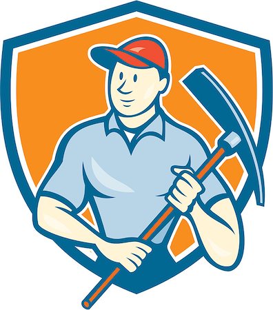 simsearch:400-06737646,k - Illustration of a construction worker wearing hat holding pickaxe set inside shield crest on isolated background done in cartoon style. Foto de stock - Super Valor sin royalties y Suscripción, Código: 400-07981566