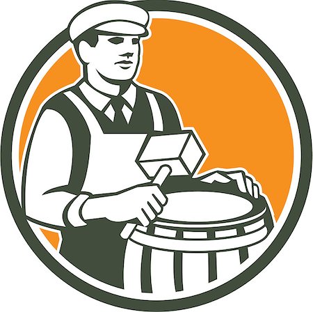 Illustration of a cooper barrel maker making a drum holding a mallet viewed from front set inside circle done in retro style. Foto de stock - Super Valor sin royalties y Suscripción, Código: 400-07981571