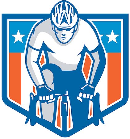 Illustration of an american cyclist riding racing bicycle cycling facing front set inside shield crest with usa stars and stripes flag in the background done in retro style. Stock Photo - Budget Royalty-Free & Subscription, Code: 400-07981580
