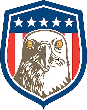 simsearch:400-06891855,k - Illustration of an american bald eagle head facing front set inside shield crest with usa stars and stripes flag in the background done in retro style. Fotografie stock - Microstock e Abbonamento, Codice: 400-07981596