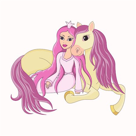 simsearch:400-08348836,k - Beautiful princess and her lovely faithful horse the best friends sit on the earth. Vector illustration for children Stock Photo - Budget Royalty-Free & Subscription, Code: 400-07981953
