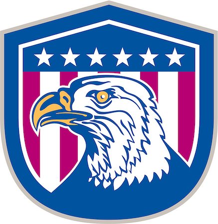 simsearch:400-06891855,k - Illustration of an american bald eagle head facing side set inside shield crest with usa stars and stripes flag in the background done in retro style. Fotografie stock - Microstock e Abbonamento, Codice: 400-07982009