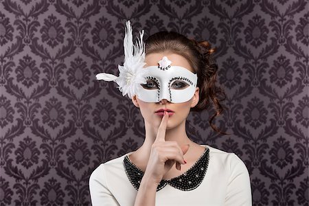 simsearch:400-07981805,k - very nice young woman in white with elegant dress and mask with feather on vintage background Stock Photo - Budget Royalty-Free & Subscription, Code: 400-07982045
