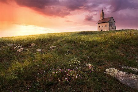 simsearch:400-08317924,k - Old Roman Catholic Church of St. Michael the Archangel on the Hill at Sunset in Drazovce, Slovakia Stock Photo - Budget Royalty-Free & Subscription, Code: 400-07982395