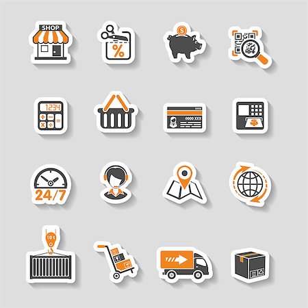 simsearch:400-08133409,k - Internet Shopping, Delivery and Cargo Sticker Icon Set for e-commerce in two color Foto de stock - Super Valor sin royalties y Suscripción, Código: 400-07982666