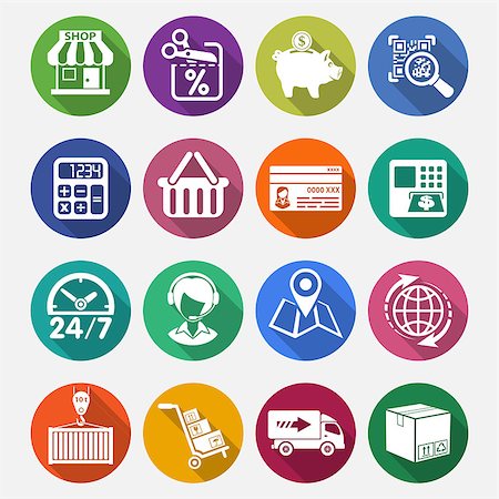 simsearch:400-08138759,k - Internet Shopping, Delivery and Cargo Flat Icon Set for e-commerce with long shadow Foto de stock - Royalty-Free Super Valor e Assinatura, Número: 400-07982669