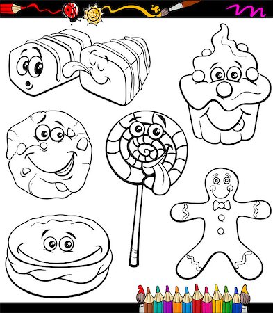 Coloring Book or Page Cartoon Illustration of Black and White Funny Sweets and Cookies Set Photographie de stock - Aubaine LD & Abonnement, Code: 400-07982987