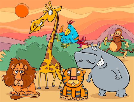 simsearch:400-08916376,k - Cartoon Illustration of Scene with Wild Safari Animals Characters Group Photographie de stock - Aubaine LD & Abonnement, Code: 400-07982983