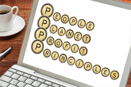 social responsibility concept - sustainable business concept - people, planet, profit, principles words  on a laptop screen with cup of coffee Stock Photo - Budget Royalty-Free & Subscription, Code: 400-07983526