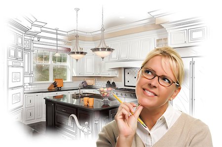 simsearch:400-08254335,k - Creative Woman With Pencil Over Custom Kitchen Design Drawing and Photo Combination on White. Fotografie stock - Microstock e Abbonamento, Codice: 400-07983724