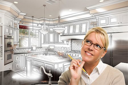 simsearch:400-08254335,k - Creative Woman With Pencil Over Custom Kitchen Design Drawing and Photo Combination on White. Fotografie stock - Microstock e Abbonamento, Codice: 400-07983725