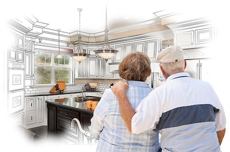 simsearch:400-08772366,k - Senior Couple Looking Over Custom Kitchen Design Drawing and Photo Combination. Stock Photo - Budget Royalty-Free & Subscription, Code: 400-07983720