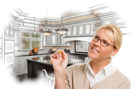 simsearch:400-08254335,k - Creative Woman With Pencil Over Custom Kitchen Design Drawing and Photo Combination on White. Fotografie stock - Microstock e Abbonamento, Codice: 400-07983723