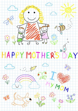 Happy children with mom. Sketch on notebook page Stock Photo - Budget Royalty-Free & Subscription, Code: 400-07994201