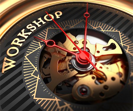Workshop on Black-Golden Watch Face with Closeup View of Watch Mechanism. Stock Photo - Budget Royalty-Free & Subscription, Code: 400-07994354