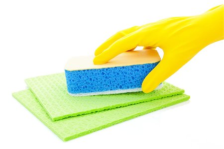 simsearch:400-07994447,k - Cleaning. Hand with yellow rubber glove and blue sponge isolated on white background. Stock Photo - Budget Royalty-Free & Subscription, Code: 400-07994446