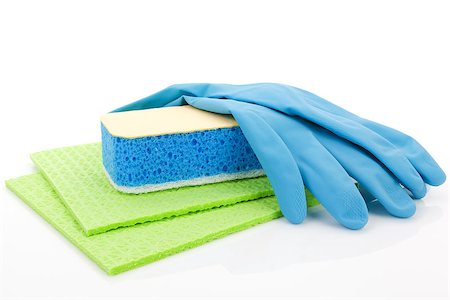 simsearch:400-07994447,k - Cleaning equipment - gloves, sponge and rags in green and blue isolated on white background. Purity concept. Stock Photo - Budget Royalty-Free & Subscription, Code: 400-07994447