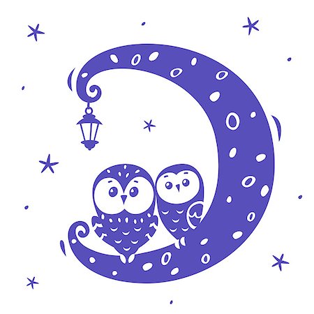 illustration silhouette cartoon cute and funny owls on the moon Stock Photo - Budget Royalty-Free & Subscription, Code: 400-07994575