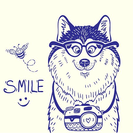 simsearch:400-08976828,k - Stylish card with silhouettes cartoon cute dog husky with glasses and camera. Vector illustration Stock Photo - Budget Royalty-Free & Subscription, Code: 400-07994571