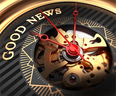 simsearch:400-07830623,k - Good News on Black-Golden Watch Face with Closeup View of Watch Mechanism. Fotografie stock - Microstock e Abbonamento, Codice: 400-07994760