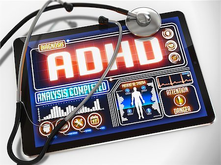 ADHD - Diagnosis on the Display of Medical Tablet and a Black Stethoscope on White Background. Foto de stock - Super Valor sin royalties y Suscripción, Código: 400-07995054