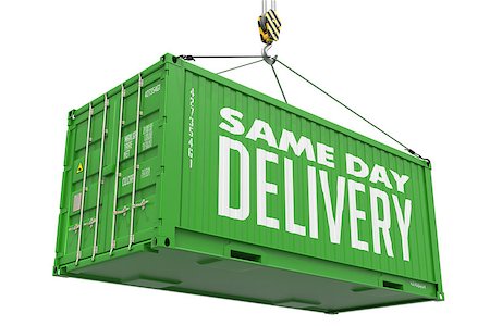 Same Day Delivery -Green Cargo Container hoisted by hook,Isolated on White Background. Stock Photo - Budget Royalty-Free & Subscription, Code: 400-07995589