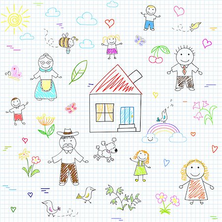 family dog grandparents parents child - Vector seamless background with happy family. Sketch on notebook page Stock Photo - Budget Royalty-Free & Subscription, Code: 400-07996184