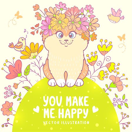 simsearch:400-07508681,k - Beautiful and cute hand drawn kitty with a floral wreath on head and with place for text Stock Photo - Budget Royalty-Free & Subscription, Code: 400-07996374