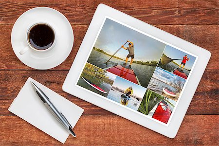 reviewing pictures of stand up paddling featuring a senior male on a digital tablet with a cup of coffee. All screen pictures copyright by the photographer with the same model (self). Stock Photo - Budget Royalty-Free & Subscription, Code: 400-07997264