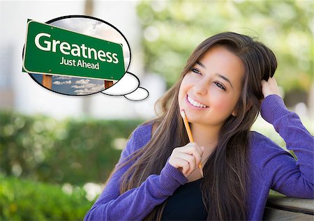 dreaming cloud girl - Pensive Young Woman with Thought Bubble of Greatness Just Ahead Green Road Sign. Stock Photo - Budget Royalty-Free & Subscription, Code: 400-07990008