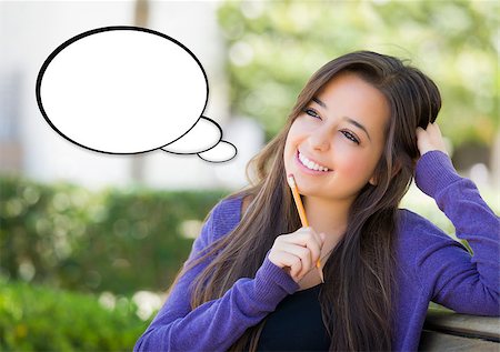 dreaming cloud girl - Pensive Woman with Blank White Thought Bubble Beside Her. Stock Photo - Budget Royalty-Free & Subscription, Code: 400-07990002