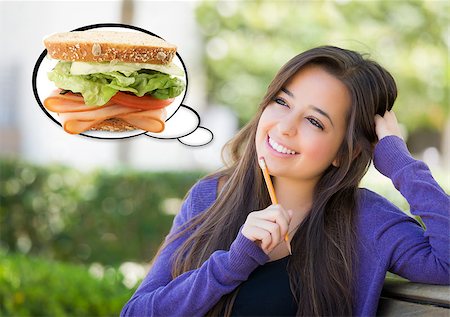 dreaming cloud girl - Pensive Woman with Big Delicious Sandwich Inside Thought Bubble. Stock Photo - Budget Royalty-Free & Subscription, Code: 400-07990015