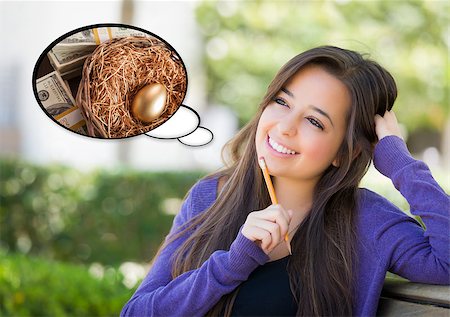 dreaming cloud girl - Pensive Woman with Money and Golden Nest Egg Inside Thought Bubble. Stock Photo - Budget Royalty-Free & Subscription, Code: 400-07990012