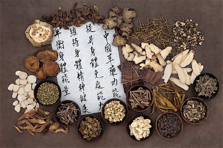 simsearch:400-06521200,k - Large chinese herb selection with mandarin calligraphy script. Translation describes chinese herbal medicine as increasing the bodys ability to maintain body and spirit health and balance energy. Stockbilder - Microstock & Abonnement, Bildnummer: 400-07992978