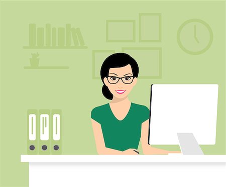 Woman is wearing glasses and working with computer. Flat modern vector illustration Stock Photo - Budget Royalty-Free & Subscription, Code: 400-08014152