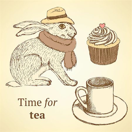 Sketch fancy hare, cup, cupcake in vintage style, vector Photographie de stock - Aubaine LD & Abonnement, Code: 400-08014225