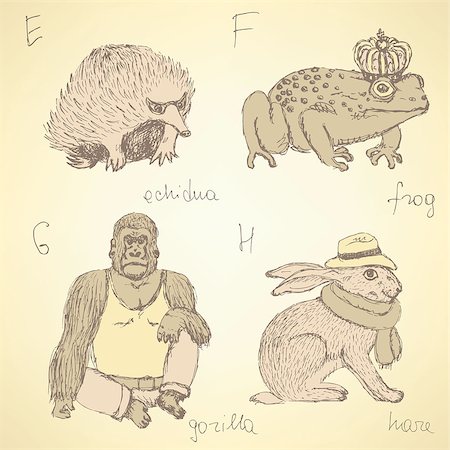 frog graphics - Sketch fancy animals alphabet in vintage style, vector e, f, g, h Stock Photo - Budget Royalty-Free & Subscription, Code: 400-08014221