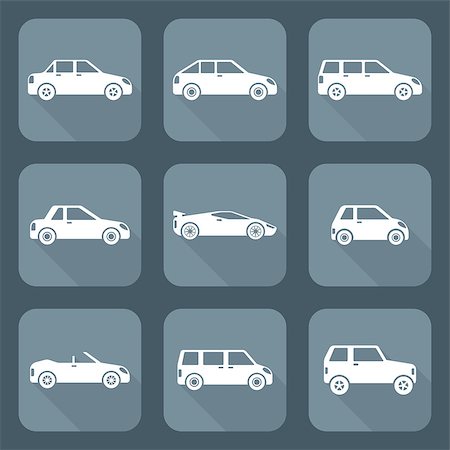 vector white flat design various body types of cars classification icons  set sedan saloon hatchback station wagon coupe cabriolet microcar compact supercar sportcar crossover minivan camper minibus Stock Photo - Budget Royalty-Free & Subscription, Code: 400-08015020