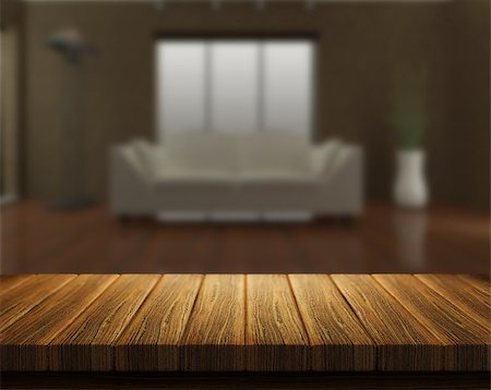 simsearch:400-09068018,k - 3D render of a wooden table with a room interior in the background Stock Photo - Budget Royalty-Free & Subscription, Code: 400-08015105